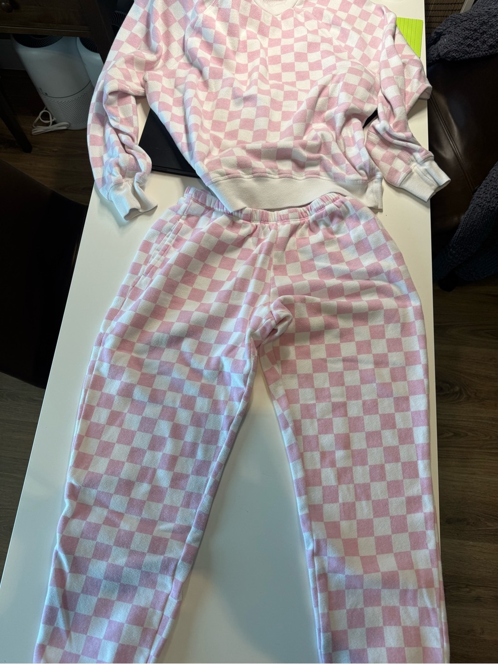 Grayson Threads Pink and White Checker lounge Set. Cozy and cute!